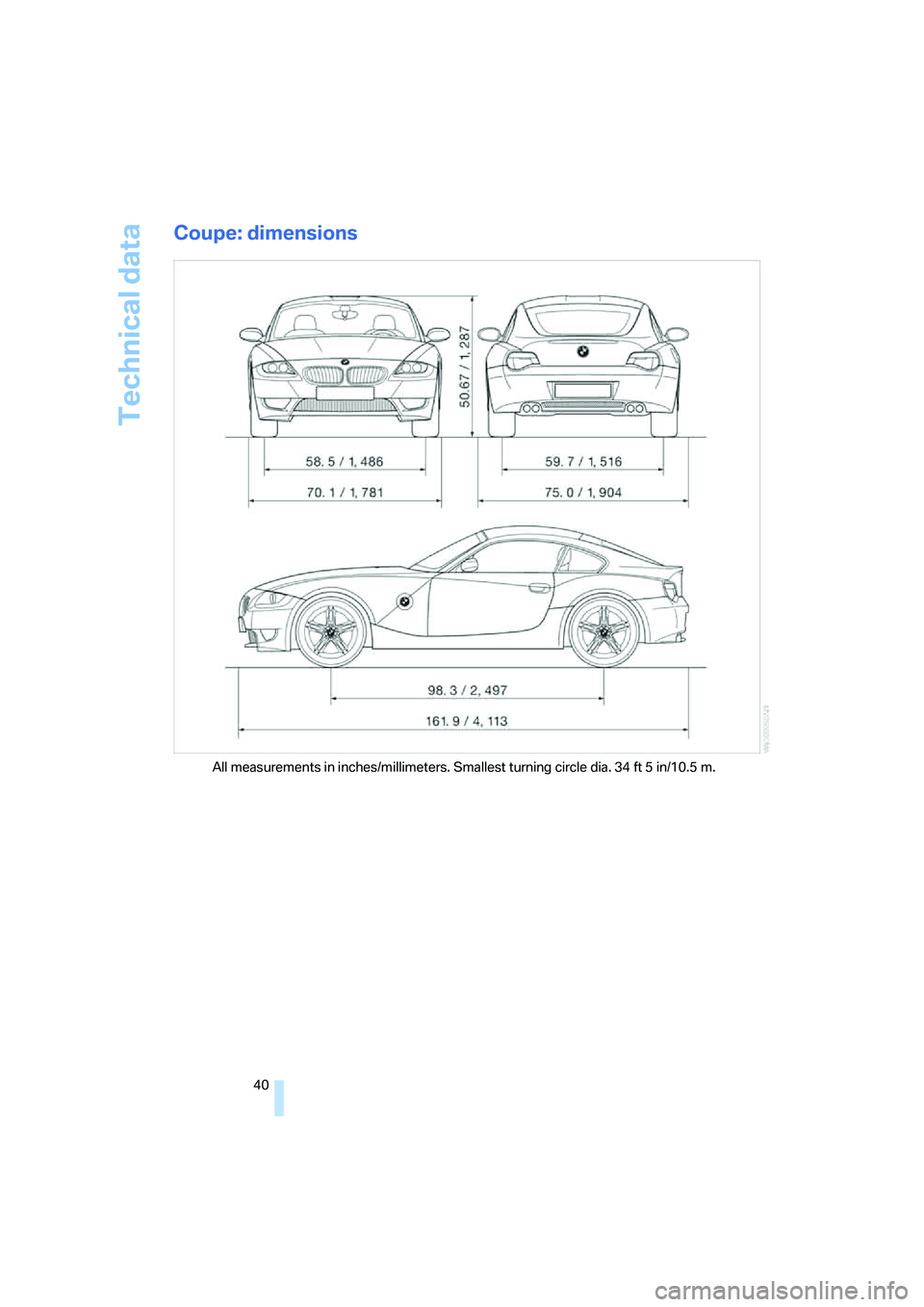 BMW Z4 M ROADSTER&COUPE 2007 Service Manual 
Technical data
40
Coupe: dimensions
All measurements in inches/millimeters. Smallest turning circle dia. 34 ft 5 in/10.5 m. 