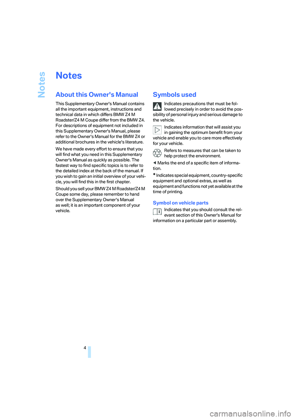 BMW Z4 M ROADSTER&COUPE 2007 Owners Manual
Notes
4
Notes
About this Owners Manual
This Supplementary Owners Manual contains
all the important equipment, instructions and
technical data in which differs BMW Z4 M
Roadster/Z4 M Coupe differ BMW Z4 M ROADSTER&COUPE 2007 Owners Manual
Notes
4
Notes
About this Owners Manual
This Supplementary Owners Manual contains
all the important equipment, instructions and
technical data in which differs BMW Z4 M
Roadster/Z4 M Coupe differ
