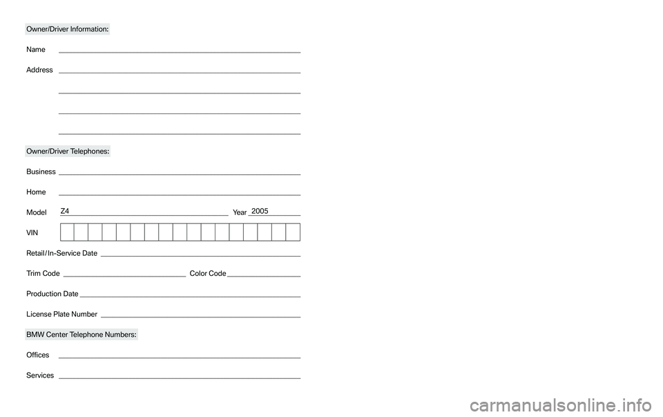 BMW Z4 ROADSTER&COUPE 2005  Owners Manual Owner/Driver Information:
Name _____________________________________________________________________
Address _____________________________________________________________________
_____________________