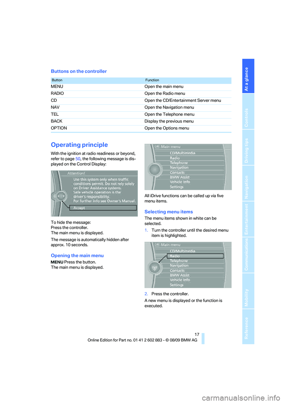 BMW Z4 SDRIVE30I 2010 User Guide At a glance
 17Reference
Controls
Driving tips
Communications
Navigation
Entertainment
Mobility
Buttons on the controller
Operating principle
With the ignition at radio readiness or beyond, 
refer to 