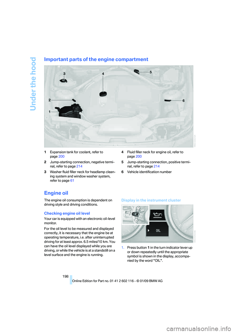 BMW Z4 SDRIVE30I ROADSTER 2009  Owners Manual Under the hood
198
Important parts of the engine compartment
1Expansion tank for coolant, refer to 
page 200
2 Jump-starting connection, negative termi-
nal, refer to page 214
3 Washer fluid filler ne