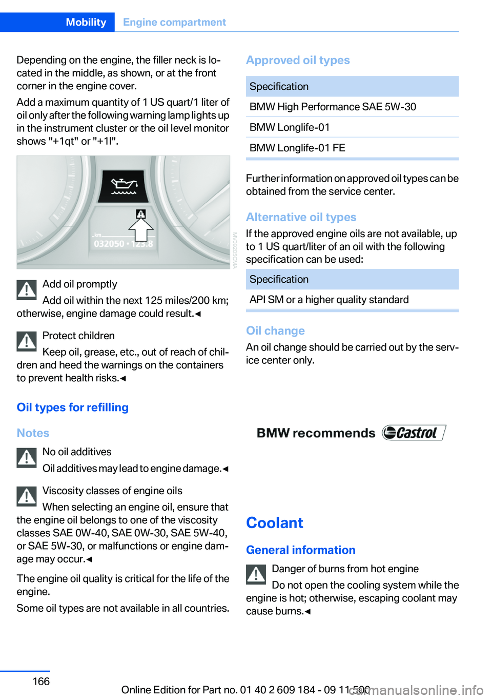 BMW Z4 SDRIVE35I 2012  Owners Manual Depending on the engine, the filler neck is lo‐
cated in the middle, as shown, or at the front
corner in the engine cover.
Add a maximum quantity of 1 US quart/1 liter of
oil only after the followin