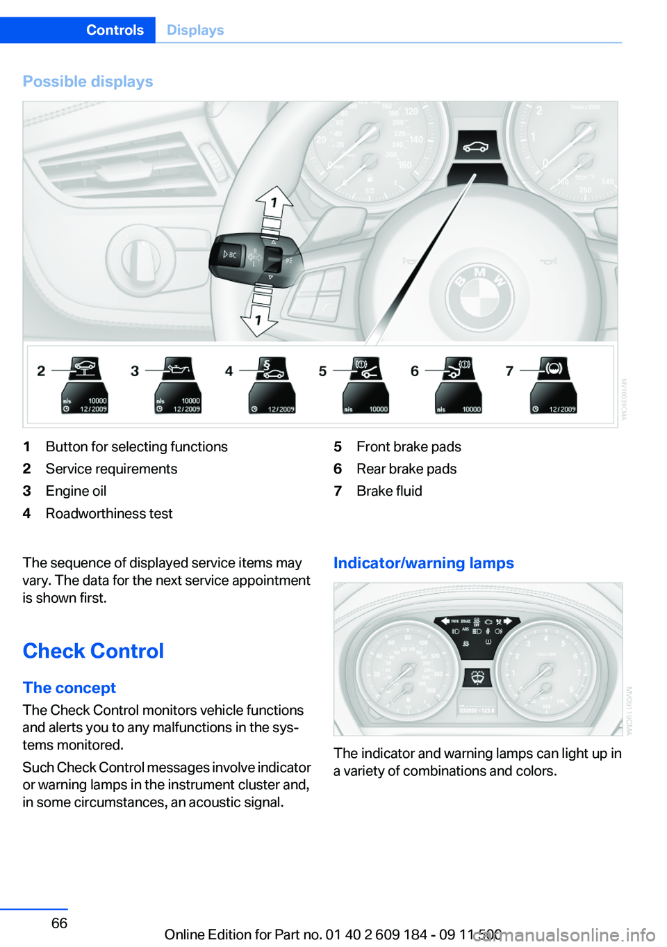 BMW Z4 SDRIVE35I 2012 Repair Manual Possible displays1Button for selecting functions2Service requirements3Engine oil4Roadworthiness test5Front brake pads6Rear brake pads7Brake fluidThe sequence of displayed service items may
vary. The d BMW Z4 SDRIVE35I 2012 Repair Manual Possible displays1Button for selecting functions2Service requirements3Engine oil4Roadworthiness test5Front brake pads6Rear brake pads7Brake fluidThe sequence of displayed service items may
vary. The d