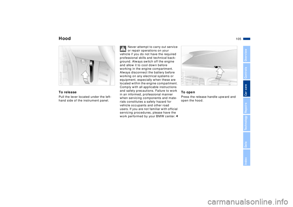 BMW Z8 CONVERTIBLE 2002  Owners Manual 105n
IndexDataTechnologyRepairsCar careControlsOverview
To release Pull the lever located under the left-
hand side of the instrument panel. 520de084
Never attempt to carry out service 
or repair oper