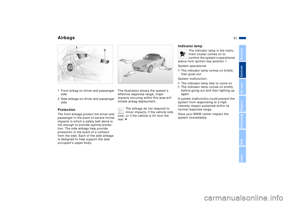 BMW Z8 CONVERTIBLE 2002 Workshop Manual 51n
IndexDataTechnologyRepairsCar careControlsOverview
Airbags 1 Front airbag on driver and passenger
side
2 Side airbags on driver and passenger
sideProtectionThe front airbags protect the driver a BMW Z8 CONVERTIBLE 2002 Workshop Manual 51n
IndexDataTechnologyRepairsCar careControlsOverview
Airbags 1 Front airbag on driver and passenger
side
2 Side airbags on driver and passenger
sideProtectionThe front airbags protect the driver a