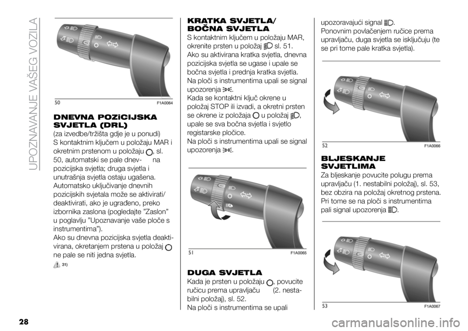 FIAT DUCATO 2021  Knjižica s uputama za uporabu i održavanje (in Croatian) UPOZNAVANJE VAŠEG VOZILA
28
DNEVNA POZiCIJSKA 
SVJETL A (DRL)
(za izvedbe/tržišta gdje je u ponudi)
S kontaktnim ključem u položaju MAR i 
okretnim prstenom u položaju 
, sl. 
50, automatski se 