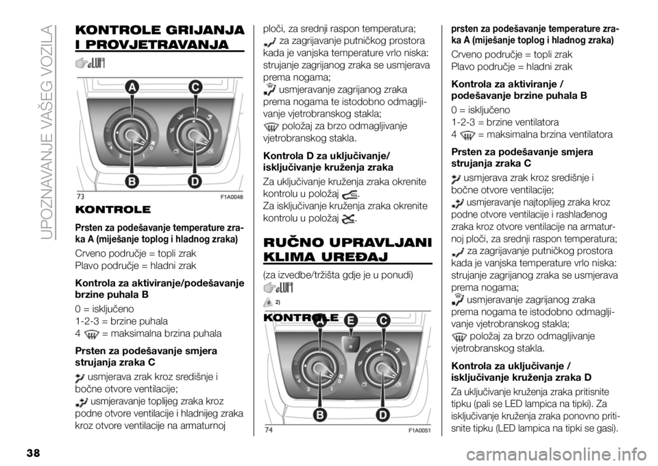 FIAT DUCATO 2021  Knjižica s uputama za uporabu i održavanje (in Croatian) UPOZNAVANJE VAŠEG VOZILA
38
KONTROLE GRIJANJA 
I PROVJETRAVANJAploči, za srednji raspon temperatura;
 za zagrijavanje putničkog prostora 
kada je vanjska temperature vrlo niska: 
strujanje zagrijan