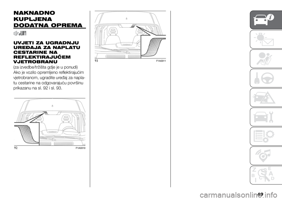 FIAT DUCATO 2021  Knjižica s uputama za uporabu i održavanje (in Croatian) 49
NAKNADNO 
KUPLJENA 
DODATNA OPREMA
UVJETI ZA UGRADNJU 
UREĐAJA ZA NAPL ATU 
CESTARINE NA 
REFLEKTIRAJUĆEM 
VJETROBRANU
(za izvedbe/tržišta gdje je u ponudi)
Ako je vozilo opremljeno reflektiraj