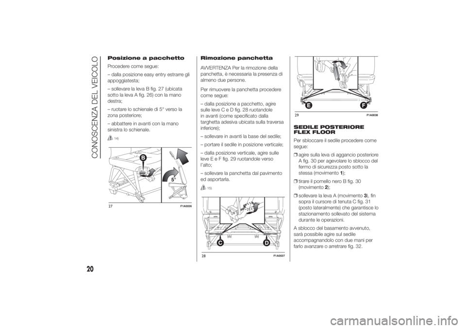 FIAT DUCATO 2014  Libretto Uso Manutenzione (in Italian) Posizione a pacchetto
Procedere come segue:
– dalla posizione easy entry estrarre gli
appoggiatesta;
– sollevare la leva B fig. 27 (ubicata
sotto la leva A fig. 26) con la mano
destra;
– ruotare