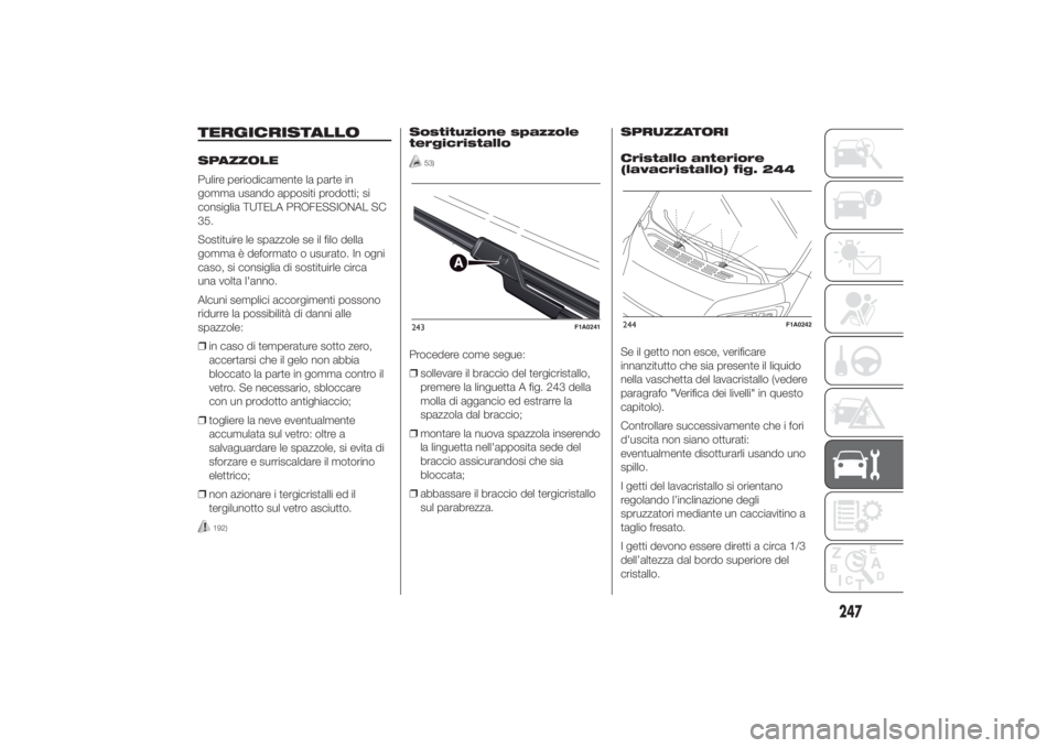 FIAT DUCATO 2014  Libretto Uso Manutenzione (in Italian) TERGICRISTALLOSPAZZOLE
Pulire periodicamente la parte in
gomma usando appositi prodotti; si
consiglia TUTELA PROFESSIONAL SC
35.
Sostituire le spazzole se il filo della
gomma è deformato o usurato. I