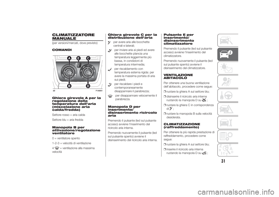 FIAT DUCATO 2014  Libretto Uso Manutenzione (in Italian) CLIMATIZZATORE
MANUALE(per versioni/mercati, dove previsto)
COMANDI
Ghiera girevole A per la
regolazione della
temperatura dell’aria
(miscelazione aria
calda/fredda)
Settore rosso = aria calda
Setto