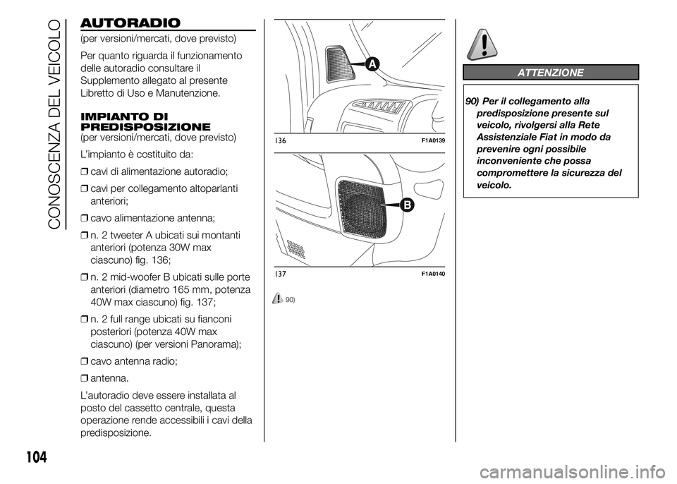 FIAT DUCATO 2015  Libretto Uso Manutenzione (in Italian) AUTORADIO
(per versioni/mercati, dove previsto)
Per quanto riguarda il funzionamento
delle autoradio consultare il
Supplemento allegato al presente
Libretto di Uso e Manutenzione.
IMPIANTO DI
PREDISPO