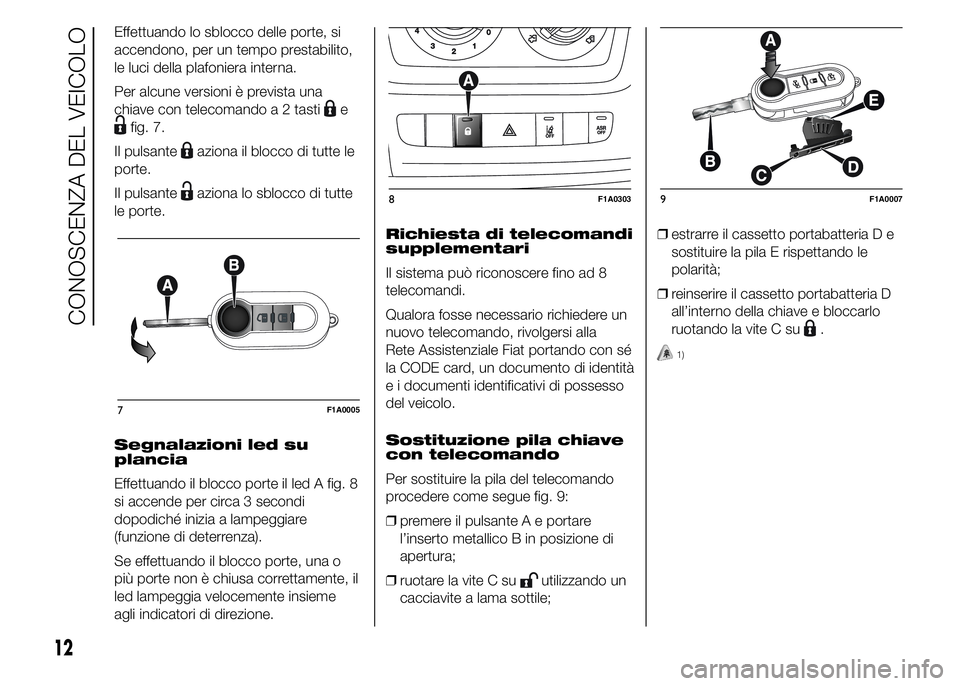 FIAT DUCATO 2015  Libretto Uso Manutenzione (in Italian) Effettuando lo sblocco delle porte, si
accendono, per un tempo prestabilito,
le luci della plafoniera interna.
Per alcune versioni è prevista una
chiave con telecomando a 2 tasti
e
fig. 7.
Il pulsant