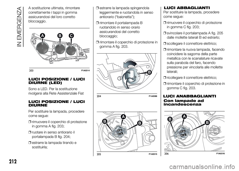 FIAT DUCATO 2015 Libretto Uso Manutenzione (in Italian) A sostituzione ultimata, rimontare
correttamente i tappi in gomma
assicurandosi del loro corretto
bloccaggio.
LUCI POSIZIONE / LUCI
DIURNE (LED)
Sono a LED. Per la sostituzione
rivolgersi alla Rete As FIAT DUCATO 2015 Libretto Uso Manutenzione (in Italian) A sostituzione ultimata, rimontare
correttamente i tappi in gomma
assicurandosi del loro corretto
bloccaggio.
LUCI POSIZIONE / LUCI
DIURNE (LED)
Sono a LED. Per la sostituzione
rivolgersi alla Rete As