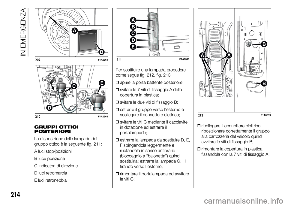 FIAT DUCATO 2015 Libretto Uso Manutenzione (in Italian) GRUPPI OTTICI
POSTERIORI
La disposizione delle lampade del
gruppo ottico è la seguente fig. 211:
A luci stop/posizioni
B luce posizione
C indicatori di direzione
D luci retromarcia
E luci retronebbia FIAT DUCATO 2015 Libretto Uso Manutenzione (in Italian) GRUPPI OTTICI
POSTERIORI
La disposizione delle lampade del
gruppo ottico è la seguente fig. 211:
A luci stop/posizioni
B luce posizione
C indicatori di direzione
D luci retromarcia
E luci retronebbia