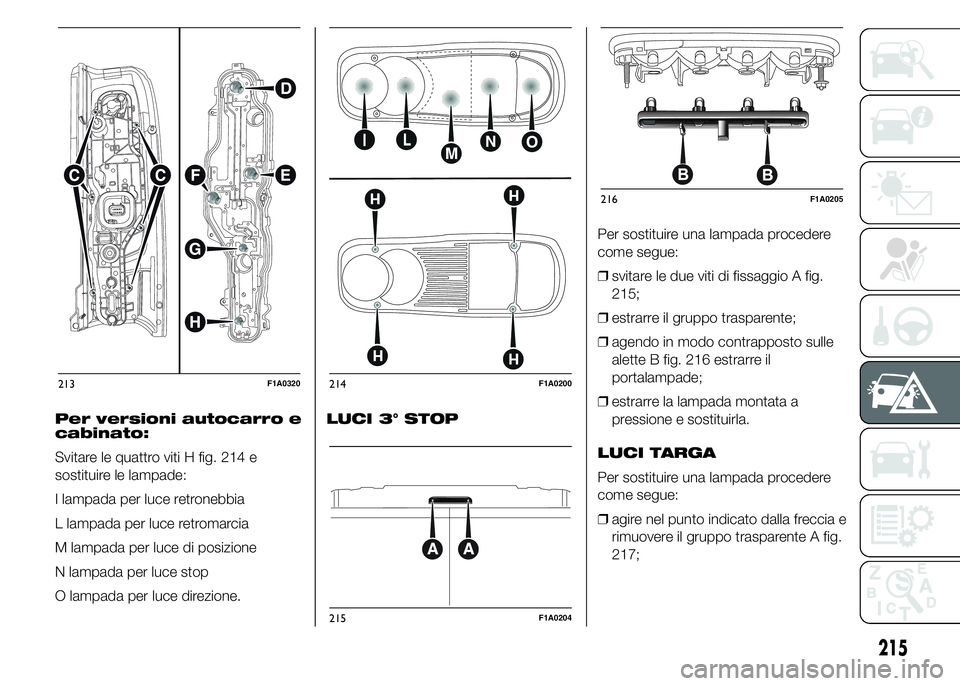 FIAT DUCATO 2015 Libretto Uso Manutenzione (in Italian) Per versioni autocarro e
cabinato:
Svitare le quattro viti H fig. 214 e
sostituire le lampade:
I lampada per luce retronebbia
L lampada per luce retromarcia
M lampada per luce di posizione
N lampada p FIAT DUCATO 2015 Libretto Uso Manutenzione (in Italian) Per versioni autocarro e
cabinato:
Svitare le quattro viti H fig. 214 e
sostituire le lampade:
I lampada per luce retronebbia
L lampada per luce retromarcia
M lampada per luce di posizione
N lampada p