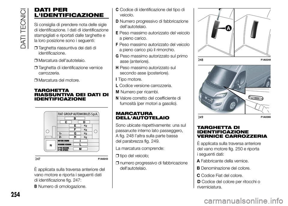 FIAT DUCATO 2015 Libretto Uso Manutenzione (in Italian) DATI PER
L'IDENTIFICAZIONE
Si consiglia di prendere nota delle sigle
di identificazione. I dati di identificazione
stampigliati e riportati dalle targhette e
la loro posizione sono i seguenti:
❒ FIAT DUCATO 2015 Libretto Uso Manutenzione (in Italian) DATI PER
L'IDENTIFICAZIONE
Si consiglia di prendere nota delle sigle
di identificazione. I dati di identificazione
stampigliati e riportati dalle targhette e
la loro posizione sono i seguenti:
❒