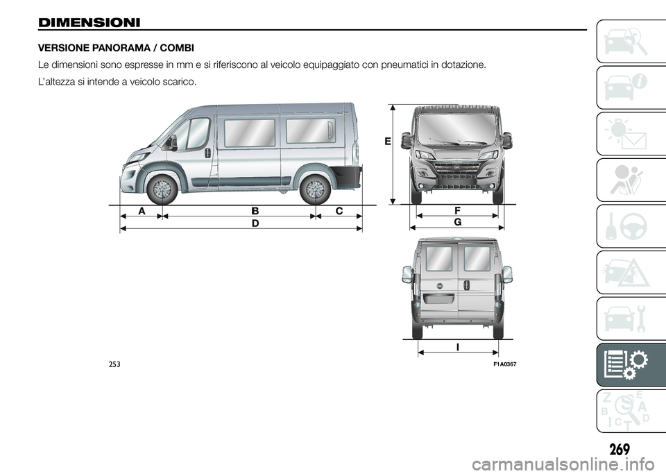 FIAT DUCATO 2015  Libretto Uso Manutenzione (in Italian) DIMENSIONI
VERSIONE PANORAMA / COMBI
Le dimensioni sono espresse in mm e si riferiscono al veicolo equipaggiato con pneumatici in dotazione.
L’altezza si intende a veicolo scarico.
253F1A0367
269 