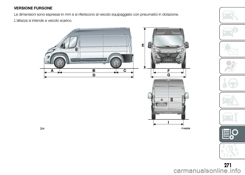 FIAT DUCATO 2015  Libretto Uso Manutenzione (in Italian) VERSIONE FURGONE
Le dimensioni sono espresse in mm e si riferiscono al veicolo equipaggiato con pneumatici in dotazione.
L’altezza si intende a veicolo scarico.
254F1A0328
271 