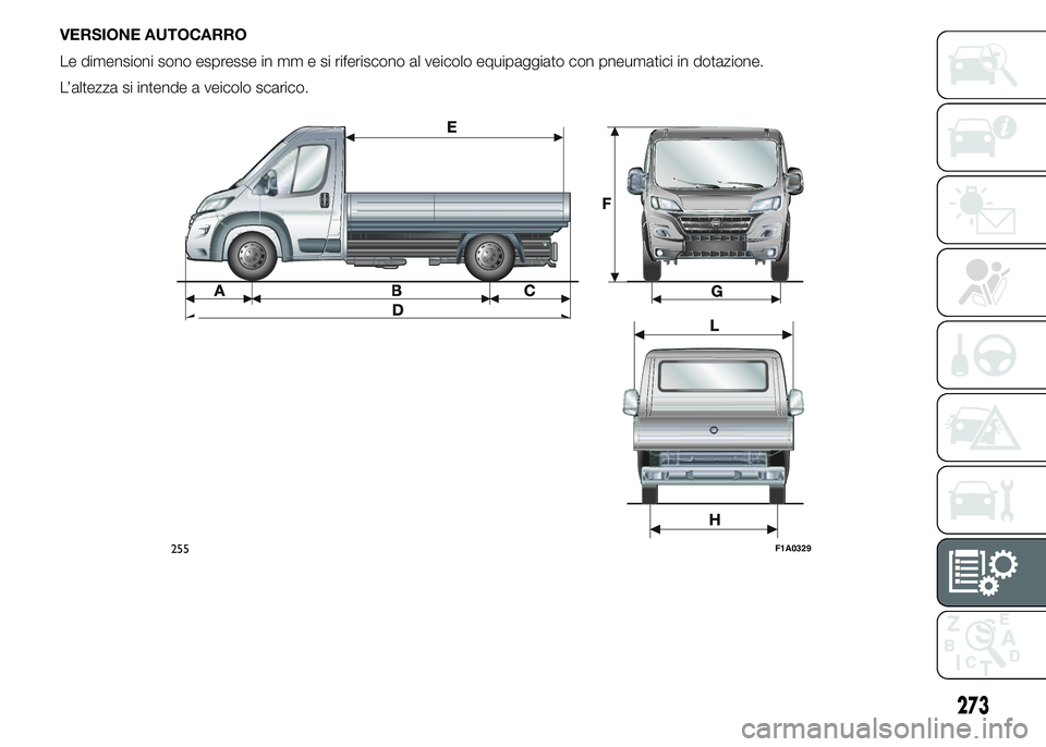 FIAT DUCATO 2015  Libretto Uso Manutenzione (in Italian) VERSIONE AUTOCARRO
Le dimensioni sono espresse in mm e si riferiscono al veicolo equipaggiato con pneumatici in dotazione.
L’altezza si intende a veicolo scarico.
255F1A0329
273 