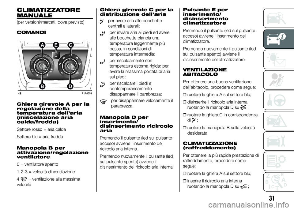 FIAT DUCATO 2015 Libretto Uso Manutenzione (in Italian) CLIMATIZZATORE
MANUALE
(per versioni/mercati, dove previsto)
COMANDI
Ghiera girevole A per la
regolazione della
temperatura dell’aria
(miscelazione aria
calda/fredda)
Settore rosso = aria calda
Sett FIAT DUCATO 2015 Libretto Uso Manutenzione (in Italian) CLIMATIZZATORE
MANUALE
(per versioni/mercati, dove previsto)
COMANDI
Ghiera girevole A per la
regolazione della
temperatura dell’aria
(miscelazione aria
calda/fredda)
Settore rosso = aria calda
Sett