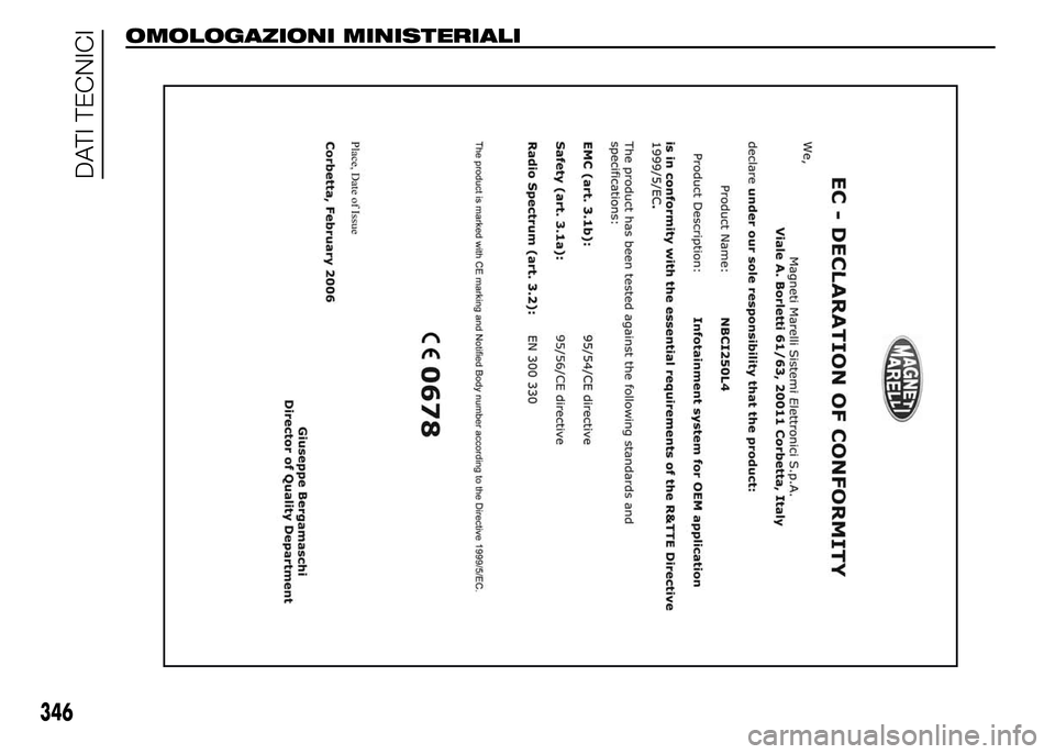 FIAT DUCATO 2015  Libretto Uso Manutenzione (in Italian) OMOLOGAZIONI MINISTERIALI
346
DATI TECNICI 
