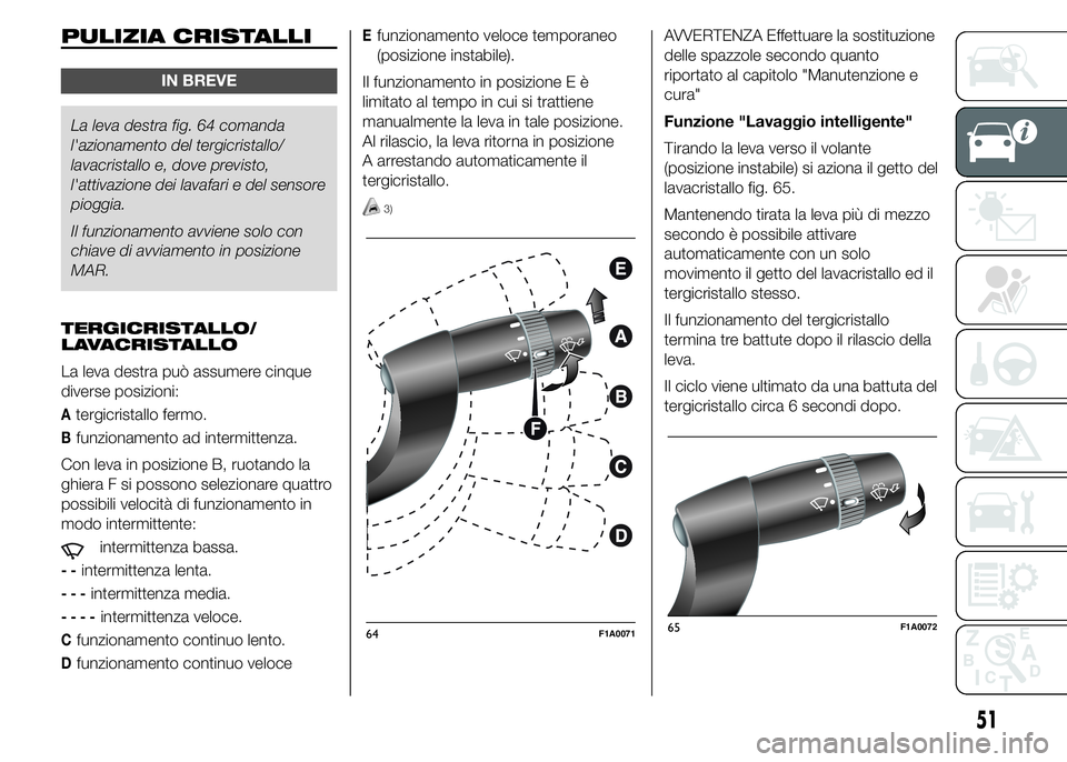 FIAT DUCATO 2015 Libretto Uso Manutenzione (in Italian) PULIZIA CRISTALLI
IN BREVE
La leva destra fig. 64 comanda
l'azionamento del tergicristallo/
lavacristallo e, dove previsto,
l'attivazione dei lavafari e del sensore
pioggia.
Il funzionamento a FIAT DUCATO 2015 Libretto Uso Manutenzione (in Italian) PULIZIA CRISTALLI
IN BREVE
La leva destra fig. 64 comanda
l'azionamento del tergicristallo/
lavacristallo e, dove previsto,
l'attivazione dei lavafari e del sensore
pioggia.
Il funzionamento a