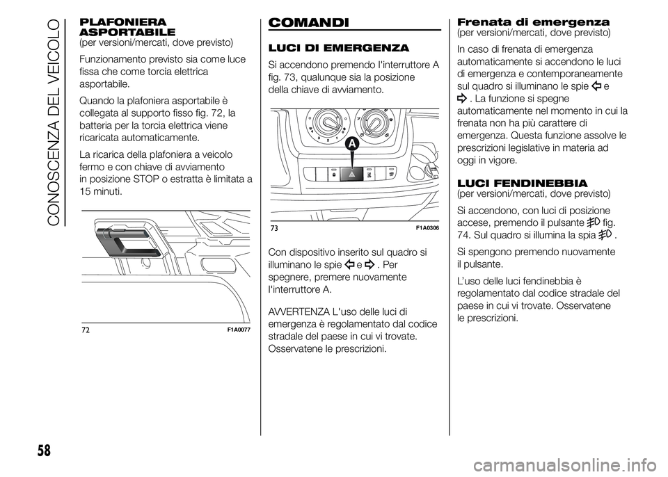 FIAT DUCATO 2015  Libretto Uso Manutenzione (in Italian) PLAFONIERA
ASPORTABILE
(per versioni/mercati, dove previsto)
Funzionamento previsto sia come luce
fissa che come torcia elettrica
asportabile.
Quando la plafoniera asportabile è
collegata al supporto