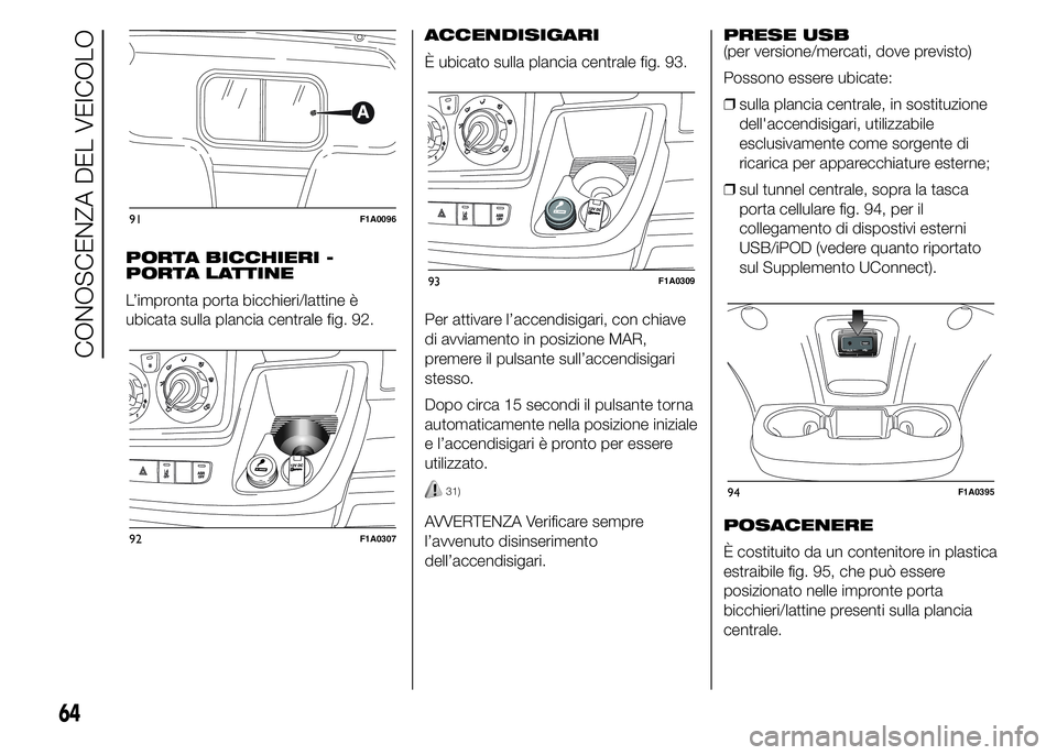 FIAT DUCATO 2015  Libretto Uso Manutenzione (in Italian) PORTA BICCHIERI -
PORTA LATTINE
L’impronta porta bicchieri/lattine è
ubicata sulla plancia centrale fig. 92.ACCENDISIGARI
È ubicato sulla plancia centrale fig. 93.
Per attivare l’accendisigari, 