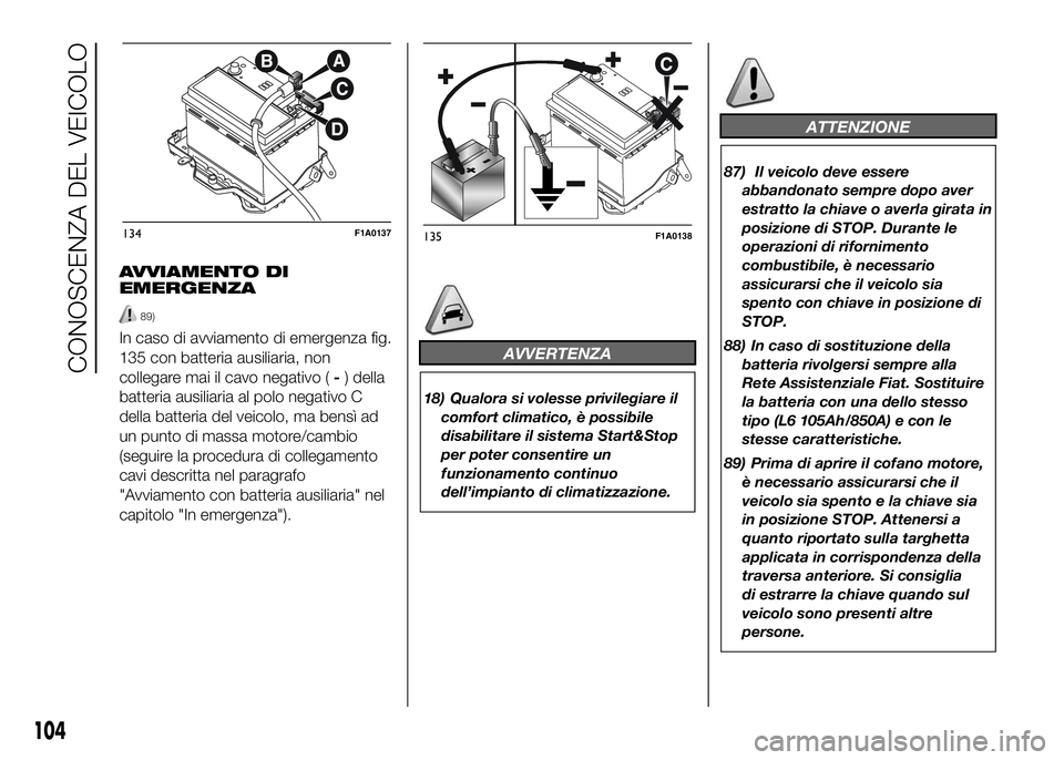 FIAT DUCATO 2016  Libretto Uso Manutenzione (in Italian) AVVIAMENTO DI
EMERGENZA
89)
In caso di avviamento di emergenza fig.
135 con batteria ausiliaria, non
collegare mai il cavo negativo (-) della
batteria ausiliaria al polo negativo C
della batteria del 