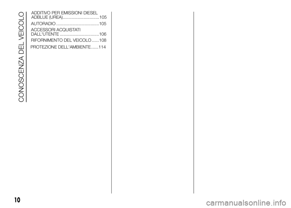 FIAT DUCATO 2016 Libretto Uso Manutenzione (in Italian) PROTEZIONE DELL'AMBIENTE ......114
10
CONOSCENZA DEL VEICOLO
AUTORADIO ...................................105
ACCESSORI ACQUISTATI
DALL'UTENTE ................................106
RIFORNIMENTO FIAT DUCATO 2016 Libretto Uso Manutenzione (in Italian) PROTEZIONE DELL'AMBIENTE ......114
10
CONOSCENZA DEL VEICOLO
AUTORADIO ...................................105
ACCESSORI ACQUISTATI
DALL'UTENTE ................................106
RIFORNIMENTO