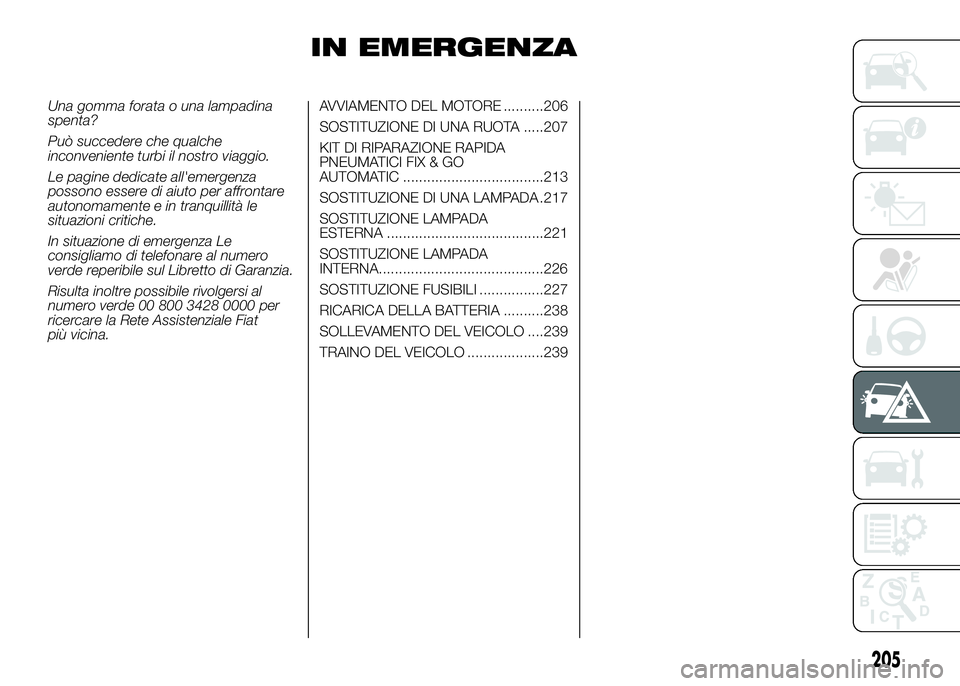 FIAT DUCATO 2016 Libretto Uso Manutenzione (in Italian) IN EMERGENZA
Una gomma forata o una lampadina
spenta?
Può succedere che qualche
inconveniente turbi il nostro viaggio.
Le pagine dedicate all'emergenza
possono essere di aiuto per affrontare
auto FIAT DUCATO 2016 Libretto Uso Manutenzione (in Italian) IN EMERGENZA
Una gomma forata o una lampadina
spenta?
Può succedere che qualche
inconveniente turbi il nostro viaggio.
Le pagine dedicate all'emergenza
possono essere di aiuto per affrontare
auto