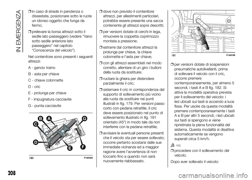 FIAT DUCATO 2016  Libretto Uso Manutenzione (in Italian) ❒in caso di strade in pendenza o
dissestate, posizionare sotto le ruote
un idoneo oggetto che funga da
fermo;
❒prelevare la borsa attrezzi sotto il
sedile lato passeggero (vedere “Vano
sotto sed