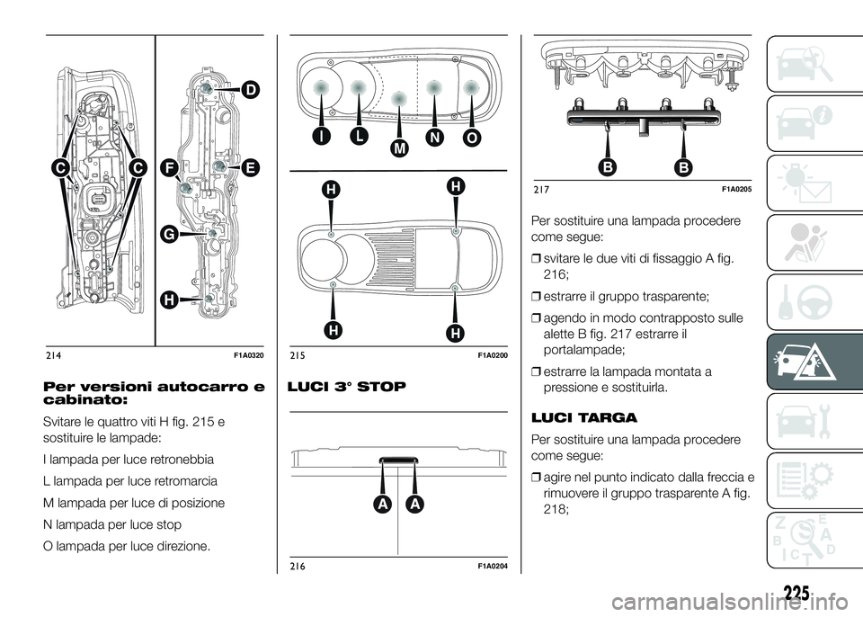 FIAT DUCATO 2016  Libretto Uso Manutenzione (in Italian) Per versioni autocarro e
cabinato:
Svitare le quattro viti H fig. 215 e
sostituire le lampade:
I lampada per luce retronebbia
L lampada per luce retromarcia
M lampada per luce di posizione
N lampada p