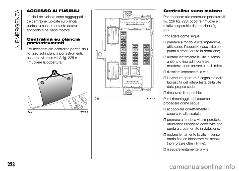 FIAT DUCATO 2016  Libretto Uso Manutenzione (in Italian) ACCESSO AI FUSIBILI
I fusibili del veicolo sono raggruppati in
tre centraline, ubicate su plancia
portastrumenti, montante destro
abitacolo e nel vano motore.
Centralina su plancia
portastrumenti
Per 