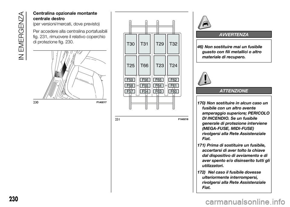 FIAT DUCATO 2016  Libretto Uso Manutenzione (in Italian) Centralina opzionale montante
centrale destro
(per versioni/mercati, dove previsto)
Per accedere alla centralina portafusibili
fig. 231, rimuovere il relativo coperchio
di protezione fig. 230.
AVVERTE