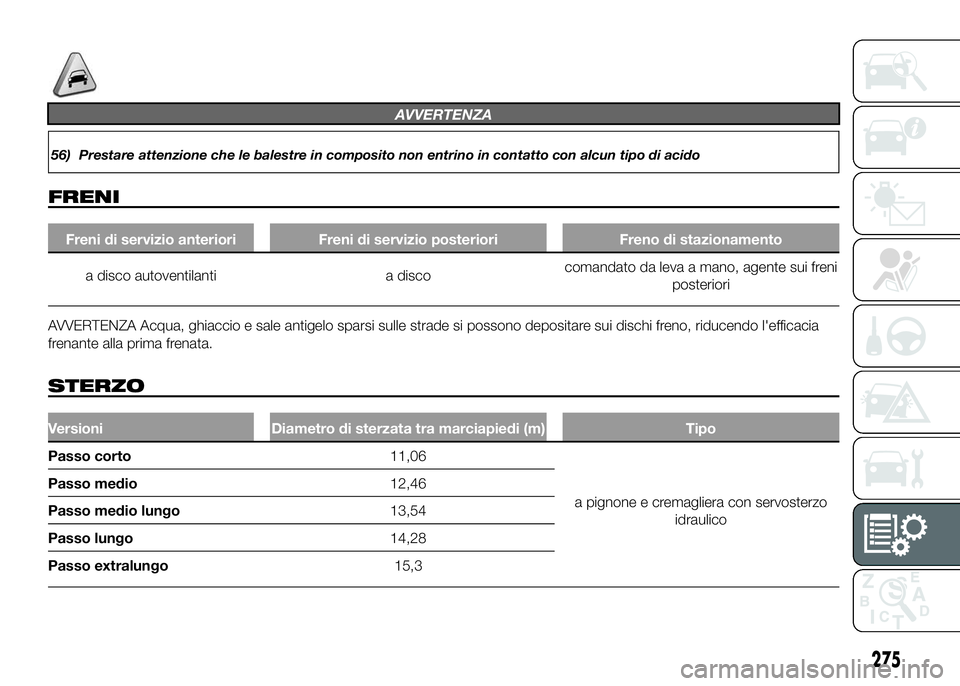 FIAT DUCATO 2016  Libretto Uso Manutenzione (in Italian) AVVERTENZA
56) Prestare attenzione che le balestre in composito non entrino in contatto con alcun tipo di acido
FRENI
Freni di servizio anteriori Freni di servizio posteriori Freno di stazionamento
a 