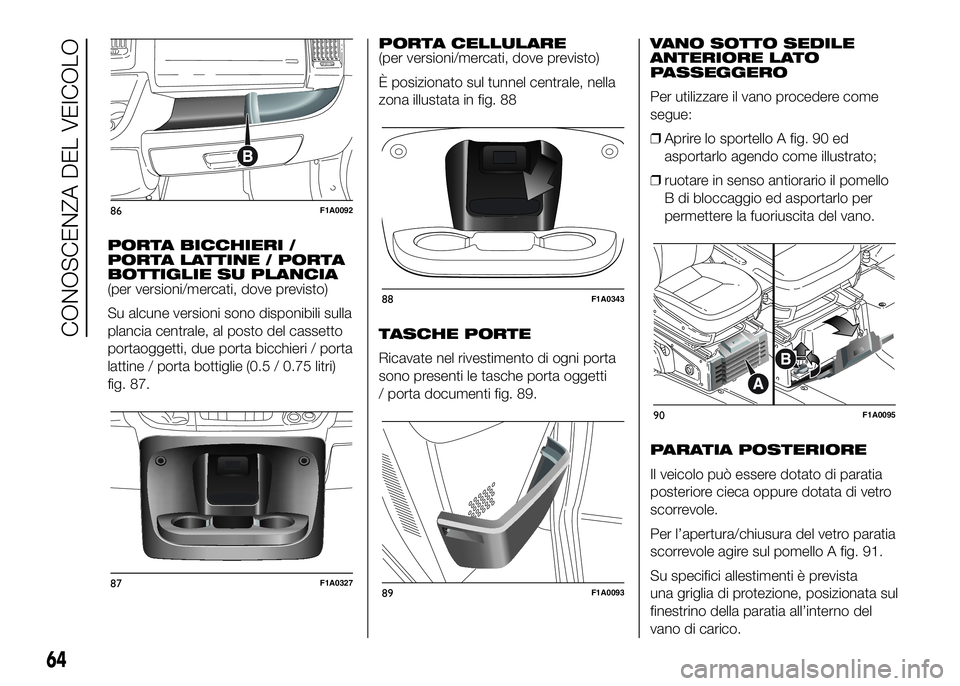 FIAT DUCATO 2016 Libretto Uso Manutenzione (in Italian) PORTA BICCHIERI /
PORTA LATTINE / PORTA
BOTTIGLIE SU PLANCIA
(per versioni/mercati, dove previsto)
Su alcune versioni sono disponibili sulla
plancia centrale, al posto del cassetto
portaoggetti, due p FIAT DUCATO 2016 Libretto Uso Manutenzione (in Italian) PORTA BICCHIERI /
PORTA LATTINE / PORTA
BOTTIGLIE SU PLANCIA
(per versioni/mercati, dove previsto)
Su alcune versioni sono disponibili sulla
plancia centrale, al posto del cassetto
portaoggetti, due p