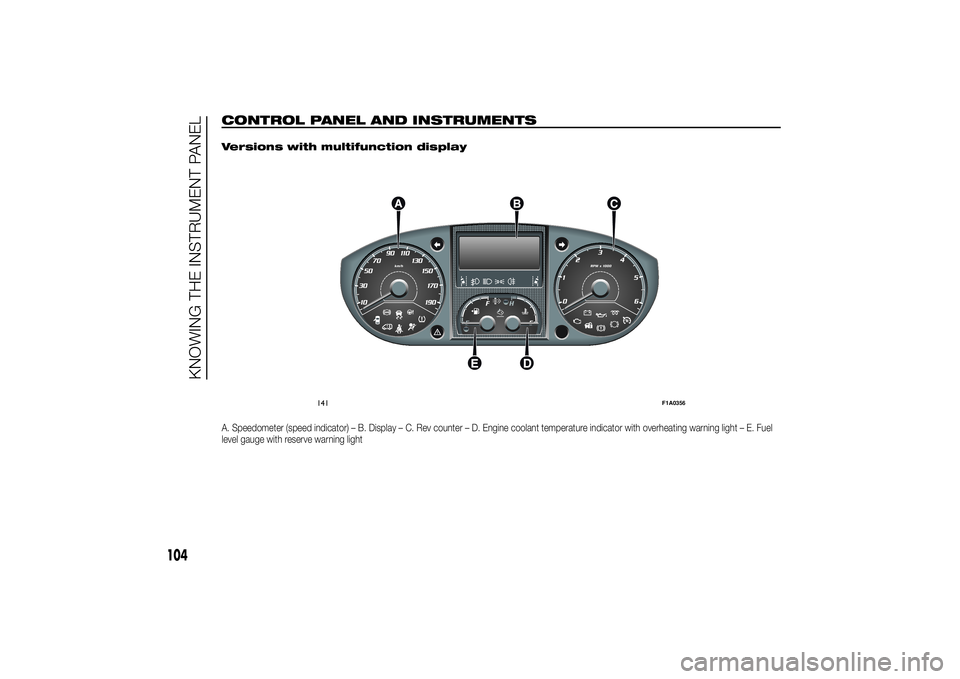 FIAT DUCATO 2014  Owner handbook (in English) CONTROL PANEL AND INSTRUMENTS
.
Versions with multifunction displayA. Speedometer (speed indicator) – B. Display – C. Rev counter – D. Engine coolant temperature indicator with overheating warni