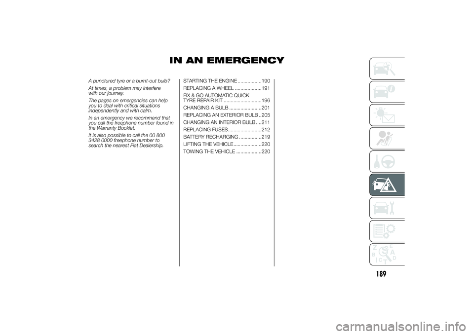 FIAT DUCATO 2014  Owner handbook (in English) IN AN EMERGENCY
A punctured tyre or a burnt-out bulb?
At times, a problem may interfere
with our journey.
The pages on emergencies can help
you to deal with critical situations
independently and with 