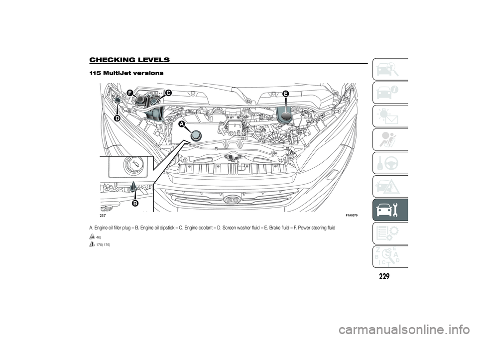 FIAT DUCATO 2014 Owner handbook (in English) CHECKING LEVELS
.
115 MultiJet versionsA. Engine oil filler plug – B. Engine oil dipstick – C. Engine coolant – D. Screen washer fluid – E. Brake fluid – F. Power steering fluid
46)175) 176) FIAT DUCATO 2014 Owner handbook (in English) CHECKING LEVELS
.
115 MultiJet versionsA. Engine oil filler plug – B. Engine oil dipstick – C. Engine coolant – D. Screen washer fluid – E. Brake fluid – F. Power steering fluid
46)175) 176)