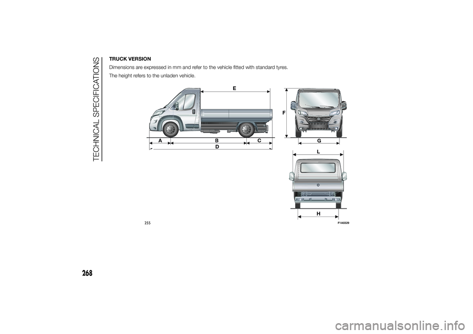 FIAT DUCATO 2014  Owner handbook (in English) TRUCK VERSION
Dimensions are expressed in mm and refer to the vehicle fitted with standard tyres.
The height refers to the unladen vehicle.
255
F1A0329
268
TECHNICAL SPECIFICATIONS 