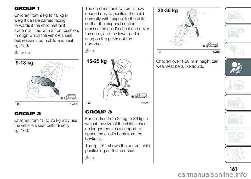 FIAT DUCATO 2015 Owner handbook (in English) GROUP 1
Children from 9 kg to 18 kg in
weight can be carried facing
forwards if the child restraint
system is fitted with a front cushion,
through which the vehicle's seat
belt restrains both chil FIAT DUCATO 2015 Owner handbook (in English) GROUP 1
Children from 9 kg to 18 kg in
weight can be carried facing
forwards if the child restraint
system is fitted with a front cushion,
through which the vehicle's seat
belt restrains both chil