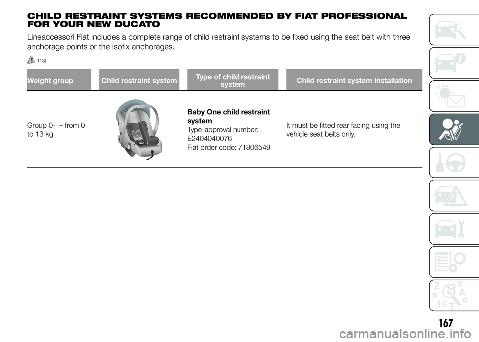 FIAT DUCATO 2015  Owner handbook (in English) CHILD RESTRAINT SYSTEMS RECOMMENDED BY FIAT PROFESSIONAL
FOR YOUR NEW DUCATO
Lineaccessori Fiat includes a complete range of child restraint systems to be fixed using the seat belt with three
anchorag