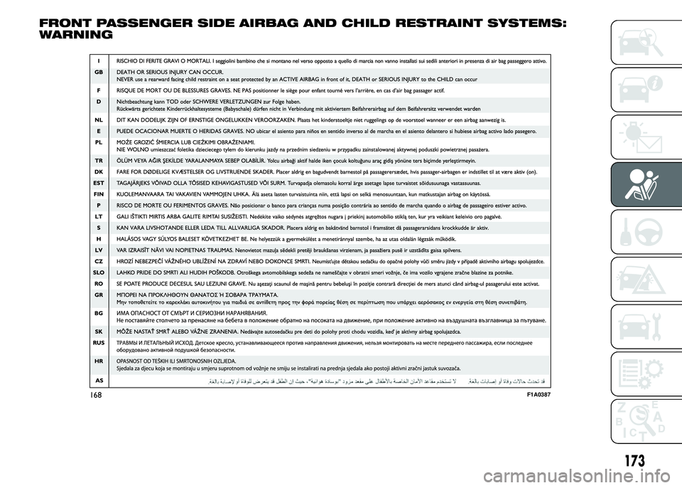 FIAT DUCATO 2015  Owner handbook (in English) FRONT PASSENGER SIDE AIRBAG AND CHILD RESTRAINT SYSTEMS:
WARNING
168F1A0387
173 