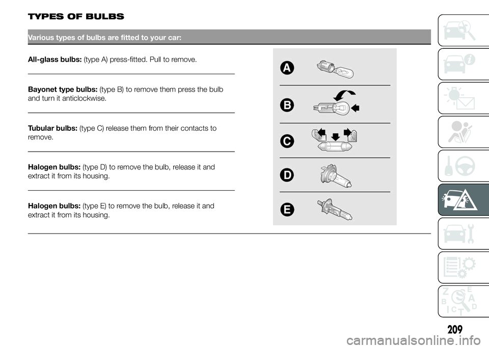 FIAT DUCATO 2015  Owner handbook (in English) TYPES OF BULBS
Various types of bulbs are fitted to your car:
All-glass bulbs:(type A) press-fitted. Pull to remove.
Bayonet type bulbs:(type B) to remove them press the bulb
and turn it anticlockwise
