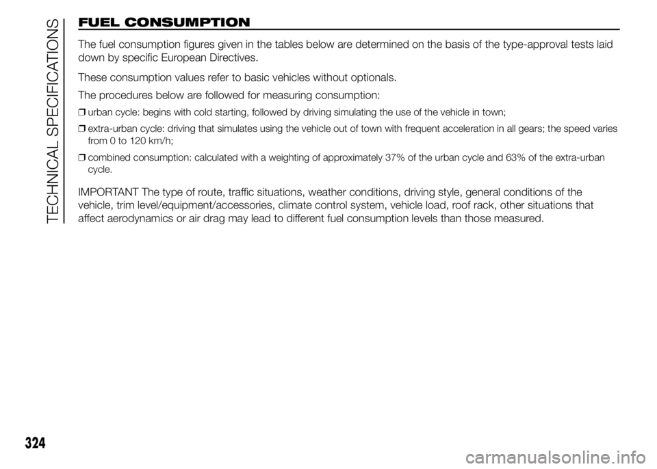 FIAT DUCATO 2015  Owner handbook (in English) FUEL CONSUMPTION
The fuel consumption figures given in the tables below are determined on the basis of the type-approval tests laid
down by specific European Directives.
These consumption values refer