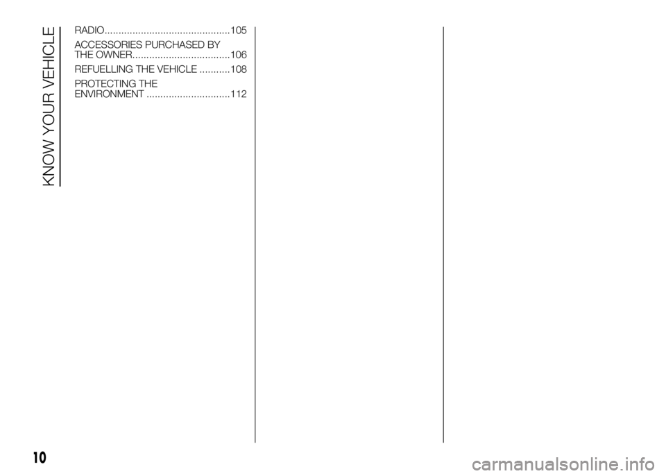 FIAT DUCATO 2016  Owner handbook (in English) RADIO.............................................105
ACCESSORIES PURCHASED BY
THE OWNER...................................106
REFUELLING THE VEHICLE ...........108
PROTECTING THE
ENVIRONMENT ........