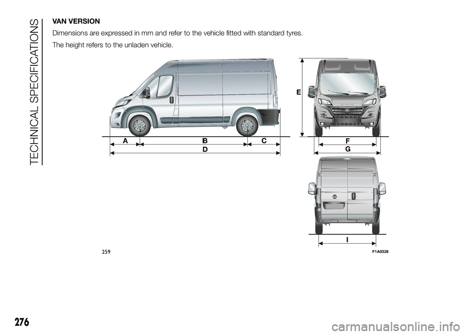 FIAT DUCATO 2016  Owner handbook (in English) VAN VERSION
Dimensions are expressed in mm and refer to the vehicle fitted with standard tyres.
The height refers to the unladen vehicle.
259F1A0328
276
TECHNICAL SPECIFICATIONS 