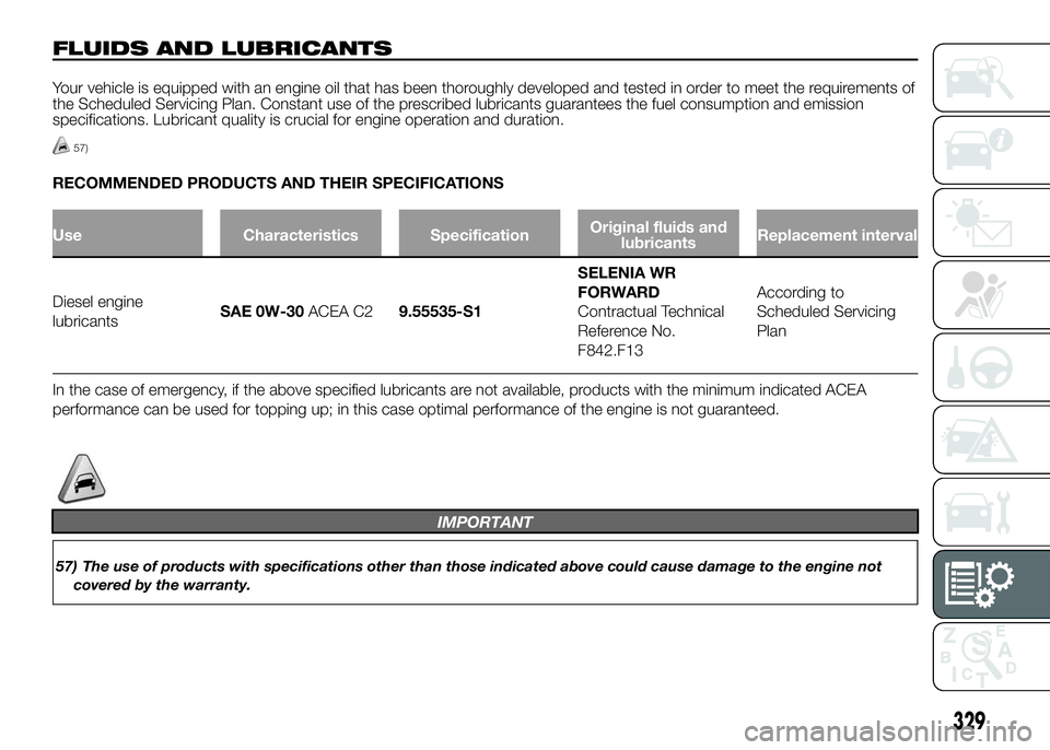 FIAT DUCATO 2016 Owner handbook (in English) FLUIDS AND LUBRICANTS
Your vehicle is equipped with an engine oil that has been thoroughly developed and tested in order to meet the requirements of
the Scheduled Servicing Plan. Constant use of the p FIAT DUCATO 2016 Owner handbook (in English) FLUIDS AND LUBRICANTS
Your vehicle is equipped with an engine oil that has been thoroughly developed and tested in order to meet the requirements of
the Scheduled Servicing Plan. Constant use of the p